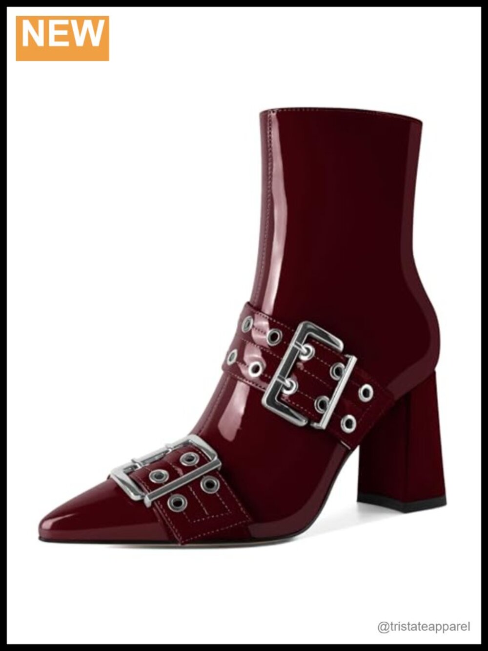 YODEKS Zip Up Ankle Boots Pointed Toe Chunky Heel Buckle Faux Leather